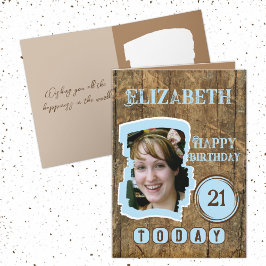Rustikale Imitate aus Holz braun blau 21. Geburtst Karte