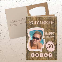 Rustikale Imitate aus Holz braun rosa 50. Geburtst Karte