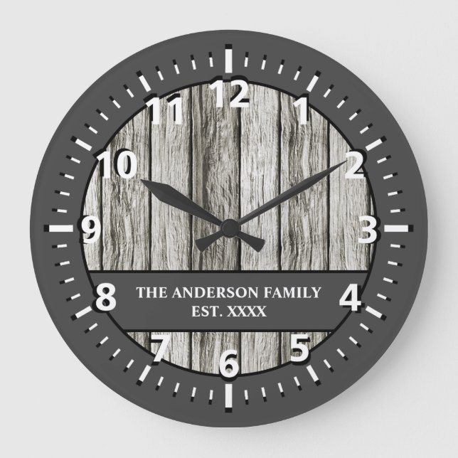 Rustikale Imitate aus Holz Familienname grau Große Wanduhr (Vorderseite)