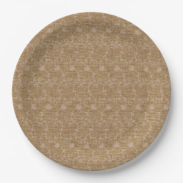Rustikale Imitate Burlap Lace Wedding Brautparty Pappteller (Vorderseite)