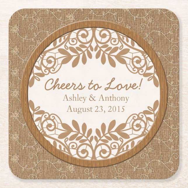 Rustikale Imitate Burlap Lace Wood Wedding Persona Rechteckiger Pappuntersetzer (Vorderseite)