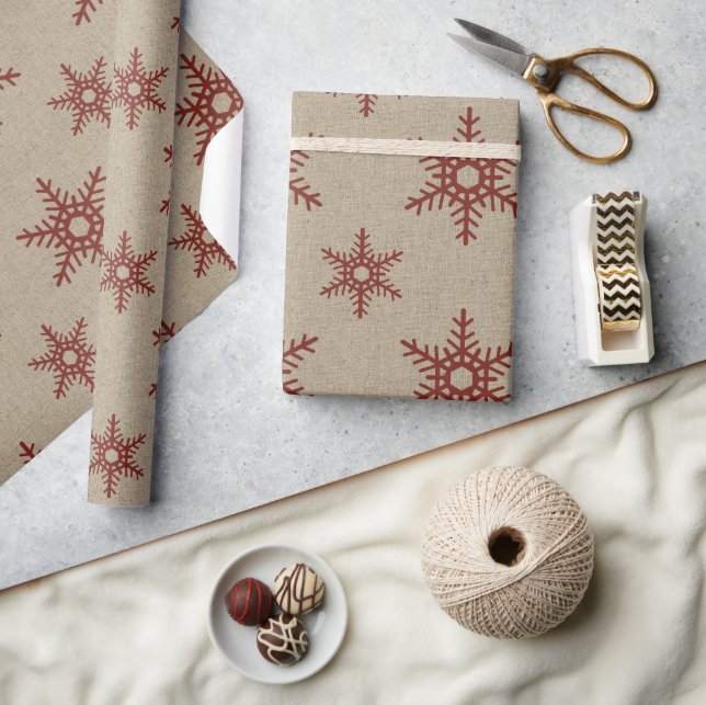 Rustikale Imitate Burlap und Red Snowflake Muster Geschenkpapier (Kunsthandwerk)