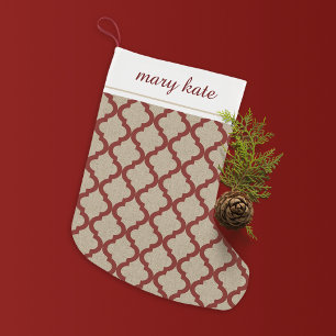 Rustikale Imitate Burlap und Rot-Marokko-Quatrefol Kleiner Weihnachtsstrumpf