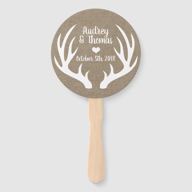 Rustikale Imitate Burlap & White Deer Antler Weddi Fächer (Vorderseite)