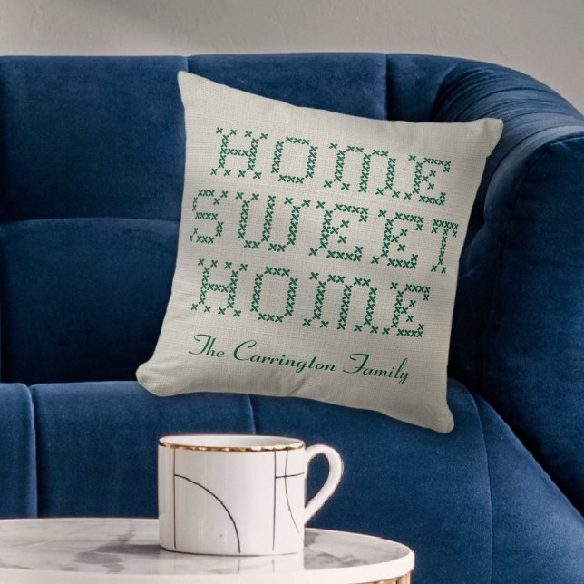 Rustikale Imitate Cross-Stitch Zuhause Sweet Zuhau Kissen (Rustic and Charming Faux Cross-Stitch Home Sweet Home Green Throw Pillow)