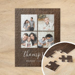 Rustikale Imitate Holzfamilienfoto Collage<br><div class="desc">Maßgeschneiderte Druckpuzzle personalisiert mit Ihren Fotos und Monogramm auf einem Imitat Stallholzhintergrund. Fügen Sie Ihrem Familiennamen Monogramm oder anderen benutzerdefinierten Text mit Platz für 4 quadratische Instagram-Fotos hinzu. Verwenden Sie die Entwurfswerkzeuge, um mehr Fotos hinzuzufügen und die Schriftart und Farben zu bearbeiten, um ein einzigartiges Design zu erstellen. Puzzles für...</div>