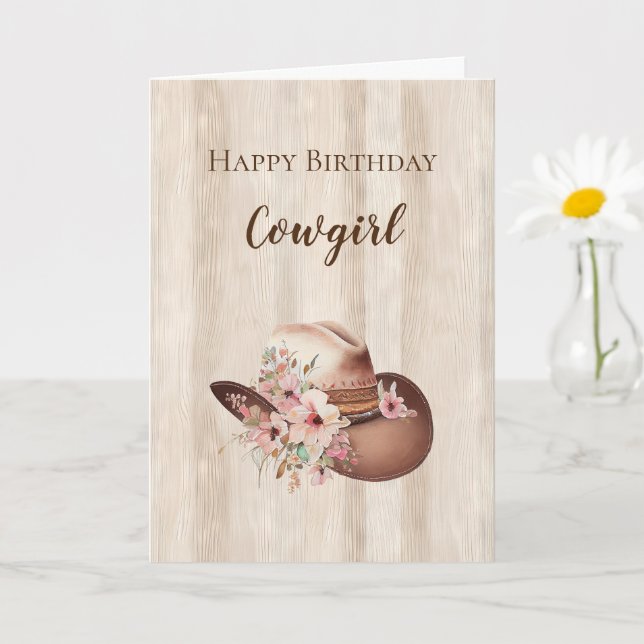 Rustikale Imitate Wood Cowgirl floral Hat Geburtst Karte (Kleine Pflanze)