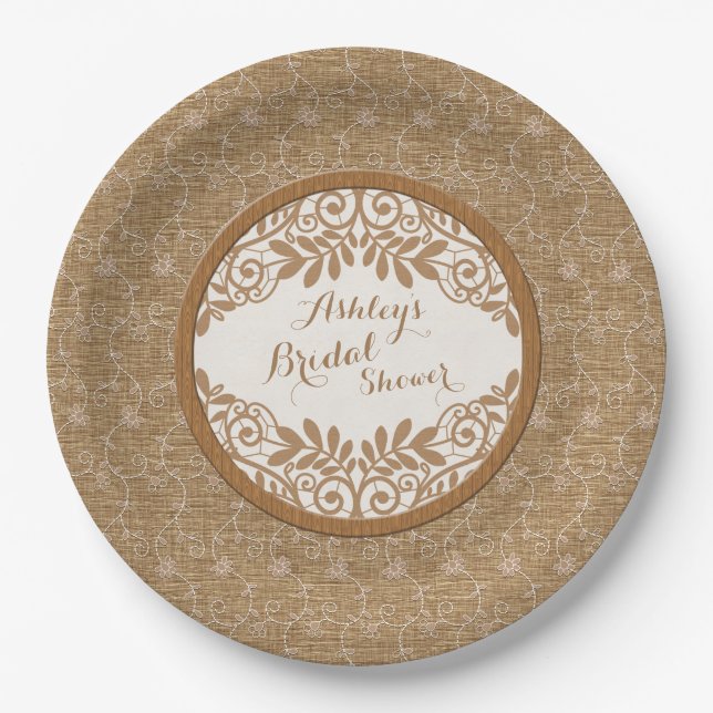 Rustikale Imitats Burlap Lace Wood Wedding Brautpa Pappteller (Vorderseite)