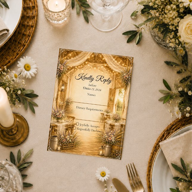 Rustikale Indoor-Scheunenhochzeit RSVP Karte (Von Creator hochgeladen)