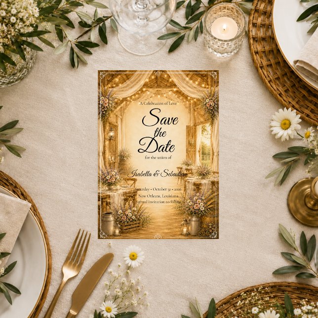 Rustikale Indoor-Scheunenhochzeit Save The Date (Von Creator hochgeladen)