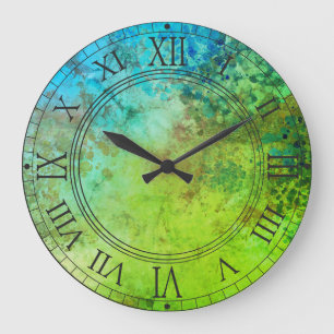 Rustikale industriell inspirierte Kunst grün blau  Große Wanduhr