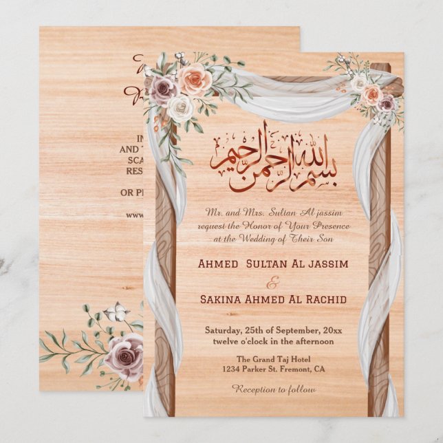 Rustikale islamische Nikah Arabic Calligraphy & Qr Einladung (Vorne/Hinten)