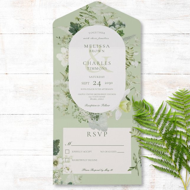 Rustikale Ivy Ferns & Greenery Sage Green No Dinne All In One Einladung (Also available with a QR code or with dinner selection options.)