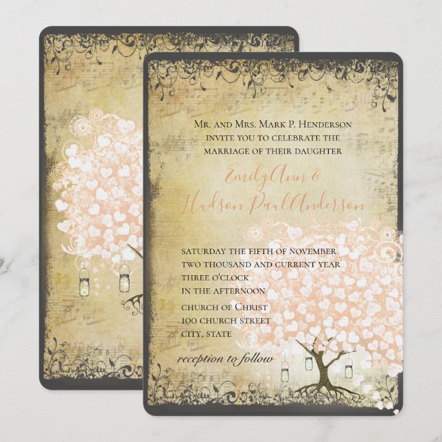 Rustikale Jahrtausendrosa Heart Leaf Tree Wedding Einladung (Vorne/Hinten)