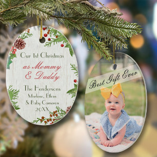 Rustikale Junge Mutter & Vater 1. Weihnachtsfest F Keramik Ornament
