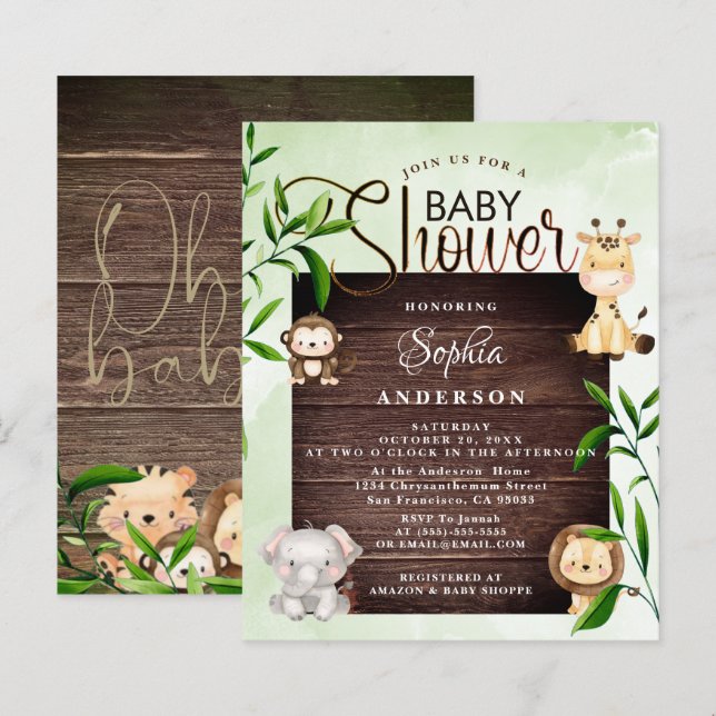 Rustikale Jungle Safari Tiere Grüne Babydusche (Vorne/Hinten)