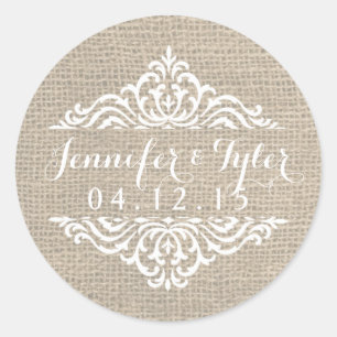 Rustikale Jute-Damaskus-Hochzeitsaufkleber im Vint Runder Aufkleber