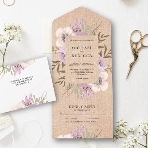 Rustikale Jute-Malven-Violette-Floral-Brautstrauß- All In One Einladung