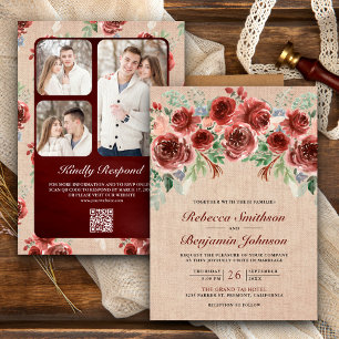 Rustikale Jute Marsala Blumen Foto QR Code Hochzei Einladung