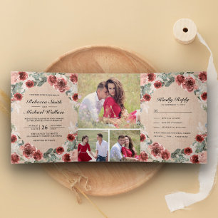 Rustikale Jute-Marsala-Blumen-Fotocollage-Hochzeit Dreifach Gefaltete Einladung