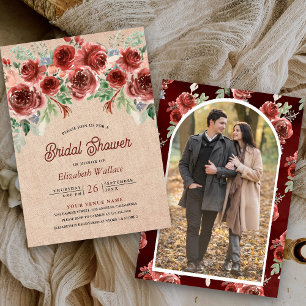 Rustikale Jute Marsala Florale Foto Brautparty Einladung