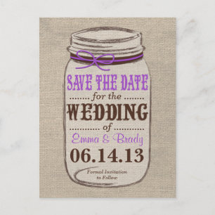 Rustikale Jute & Mason-Glas-Save-the-Date-Postkart Ankündigungspostkarte