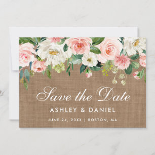 Rustikale Jute-Rosa-Weiße-Blumen-Save-The-Date-Kar Save The Date