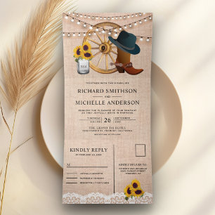 Rustikale Jute-Sonnenblumen-Cowboy-Western-Hochzei Dreifach Gefaltete Einladung