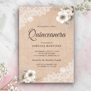 Rustikale Jute-Spitze Elfenbein Blumen Quinceanera Einladung