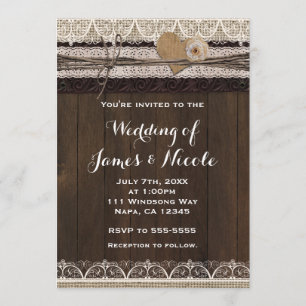 Rustikale Jute-Spitze- und Holz-Hochzeitseinladung Einladung