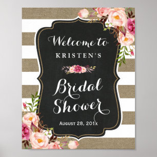 Rustikale Jute-Streifen Blumen-Hochzeitsdusche-Sch Poster