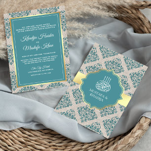 Rustikale Jute Teal Damast Muslimische Hochzeit Einladung