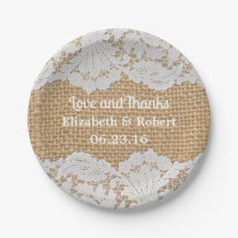 Rustikale Jute- & weiße Spitzen-Hochzeitspapiertel Pappteller