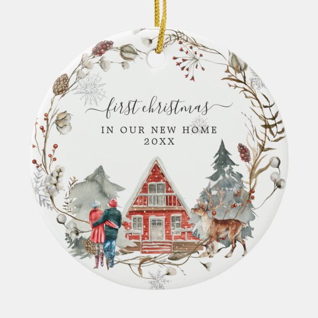 Rustikale Kabine | Erste Weihnachten neue Zuhause  Keramik Ornament (Vorne)