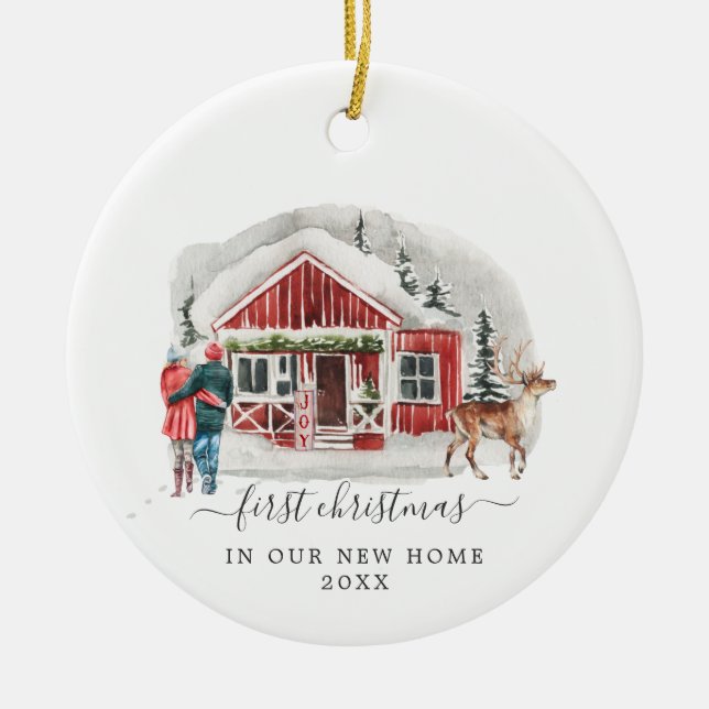 Rustikale Kabine | Erste Weihnachts-Zuhause Keramik Ornament (Vorne)