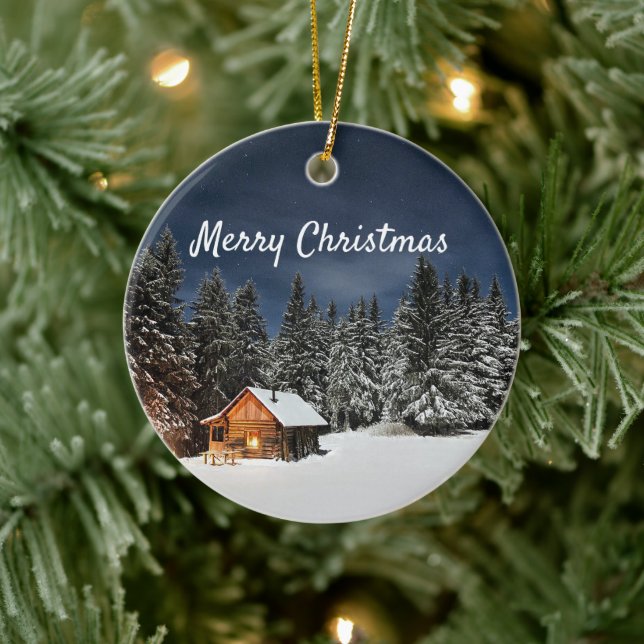 Rustikale Kabine Schnee Winter Weihnachten Keramik Ornament (Baum)