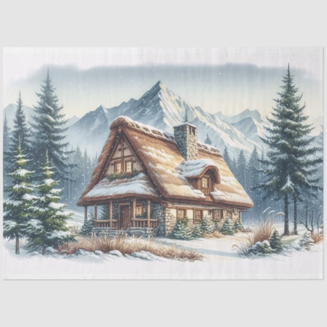 Rustikale Kabine Winter Wasserfarbendekoupage Seidenpapier (Vorderseite)