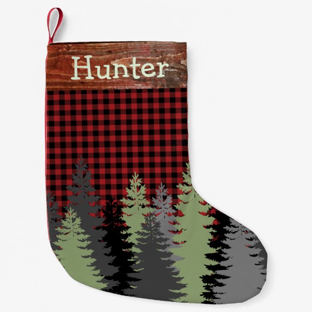 Rustikale Kabinenwälder Wald Red Black Kariert Nam Kleiner Weihnachtsstrumpf (Vorderseite)