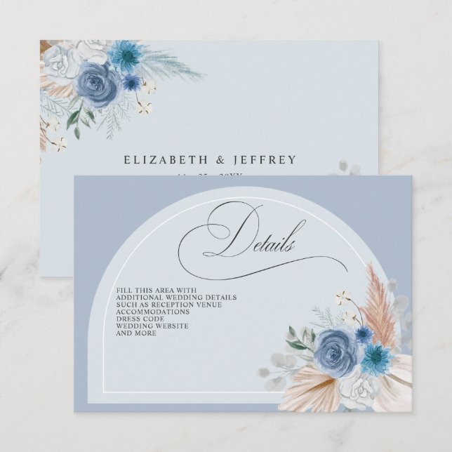 Rustikale Kalligrafie Boho Dusty Blue Pampas Detai Begleitkarte (Vorne/Hinten)