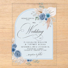 Rustikale Kalligrafie Boho Dusty Blue Pampas Weddi Acryleinladungen