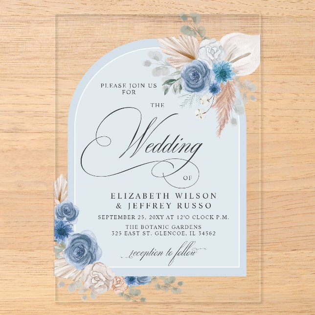 Rustikale Kalligrafie Boho Dusty Blue Pampas Weddi Acryleinladungen (Vorderseite)