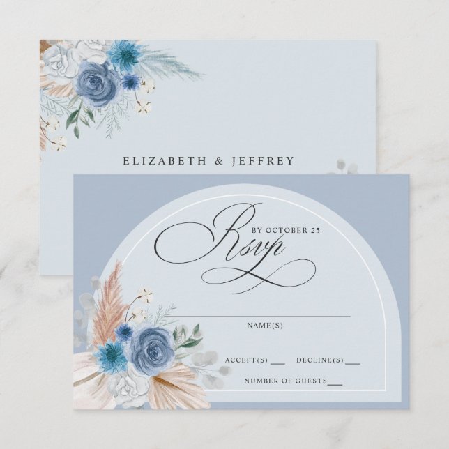 Rustikale Kalligrafie Boho Dusty Blue Pampas Weddi RSVP Karte (Vorne/Hinten)
