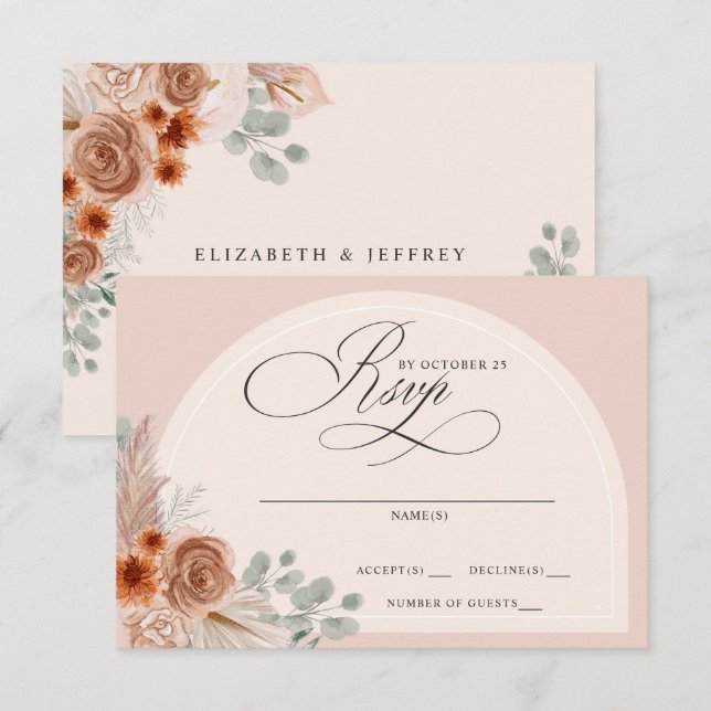 Rustikale Kalligrafie Boho Terracotta Pampas Weddi RSVP Karte (Vorne/Hinten)