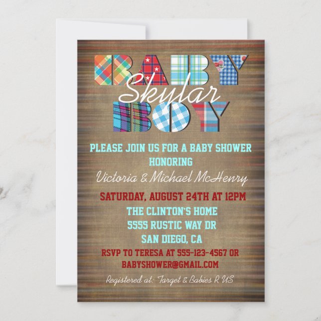 Rustikale Kariert Baby Boy Baby Shower Einladungen (Vorderseite)