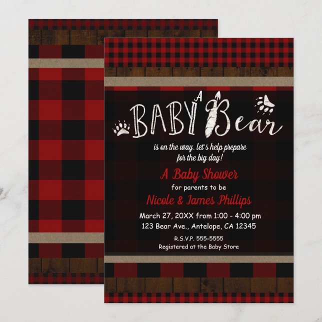 Rustikale Kariert Red Baby Bear Baby Dusche Unisex Einladung (Vorne/Hinten)