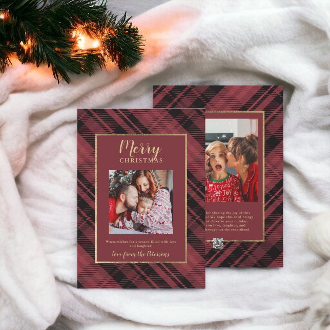 Rustikale Kariert Red Gold Frohe Weihnachten 2 Fot (Rustic Plaid Red Gold Merry Christmas 2 Photos Holiday Card)