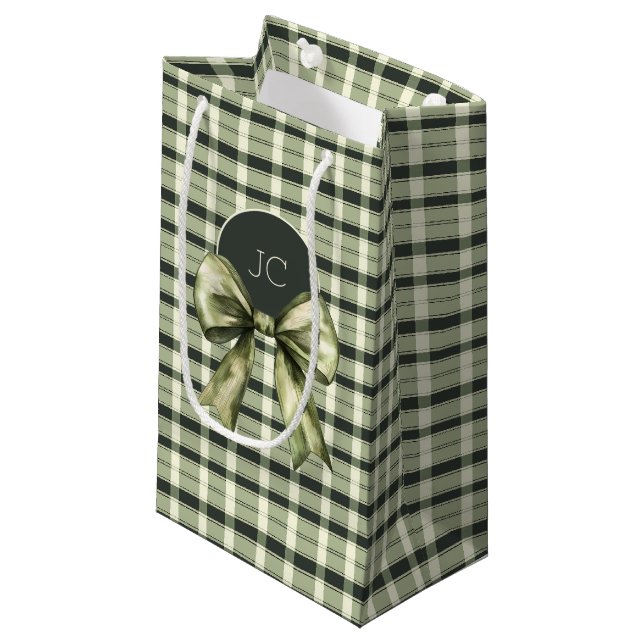Rustikale Karierte Aquarellbow Moderne Grüne Monog Kleine Geschenktüte (Vorderseite Schrägansicht)