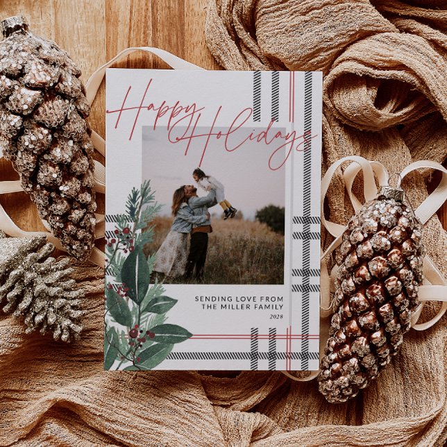 Rustikale Karierte Grünanlage Weihnachten (Rustic Plaid Greenery Family Photo Christmas Card)