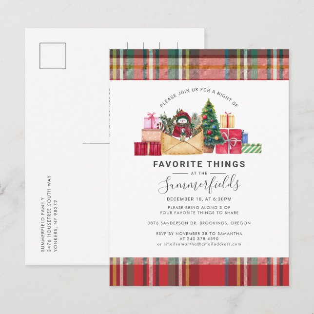 Rustikale Karierte Lieblings-Dinge Weihnachtsfeier Einladungspostkarte (Vorne/Hinten)