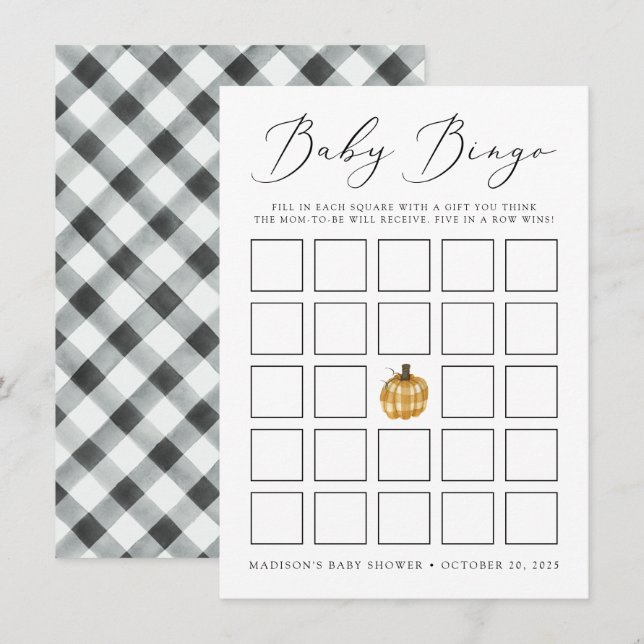 Rustikale Karierte Pumpkin Baby Dusche Bingo Card (Vorne/Hinten)